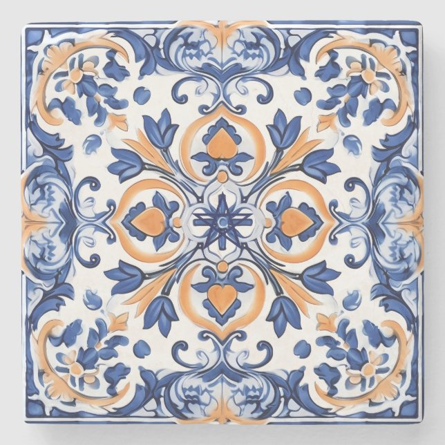 Skapa din egen Faux Målade Blå Orange Talavera Stenunderlägg (Framsidan)