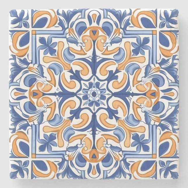 Skapa din egen Faux Målade Orange Blå Blomma Stenunderlägg (Framsidan)