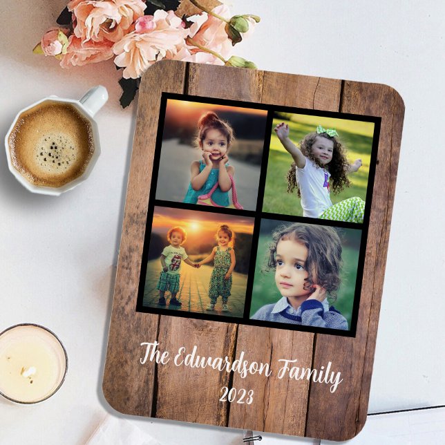 Skapa din egen fotokollage i den orustiska familje magnet (Create your own keepsake, memories, family photo collage magnet. Rustic wood background pattern.)