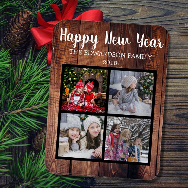 Skapa din egen Gott nytt år-fotokollage Magnet (Unique personal Happy New Year photo collage, magnetic holiday card.)