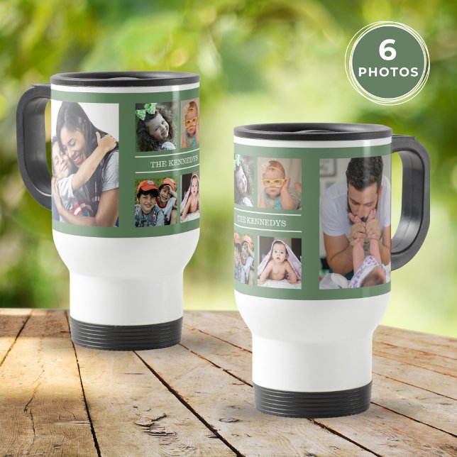 Skapa din egen Grönt för 6 fotosamlingslägena Resemugg (Create Your Own 6 Photo Collage Family Green Travel Mug)