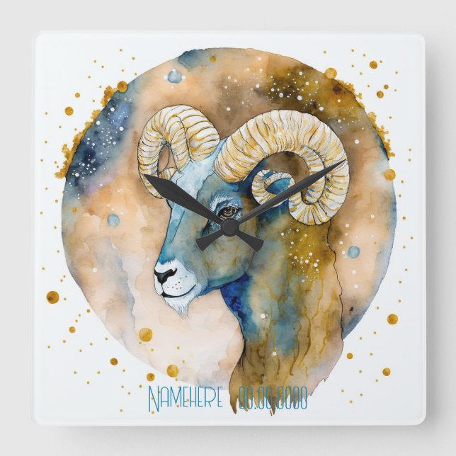 Skapa din egen Guld & Blue Aries Zodiac Fyrkantig Klocka (Framsida)