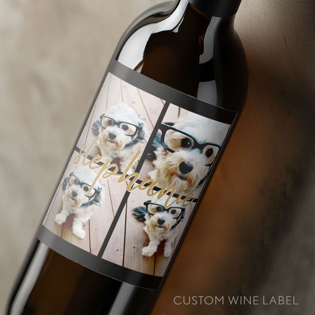 Skapa din egen kollage med 4 foton - Skriptnamn Vinflaska Etikett (Custom Wine Bottle Label - Personalize a Sticker for a fun gift or memento)