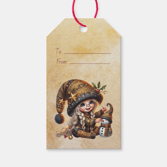 Skapa Din Egen Magisk Jul Tomte Snöman Presentetikett (Framsidan)