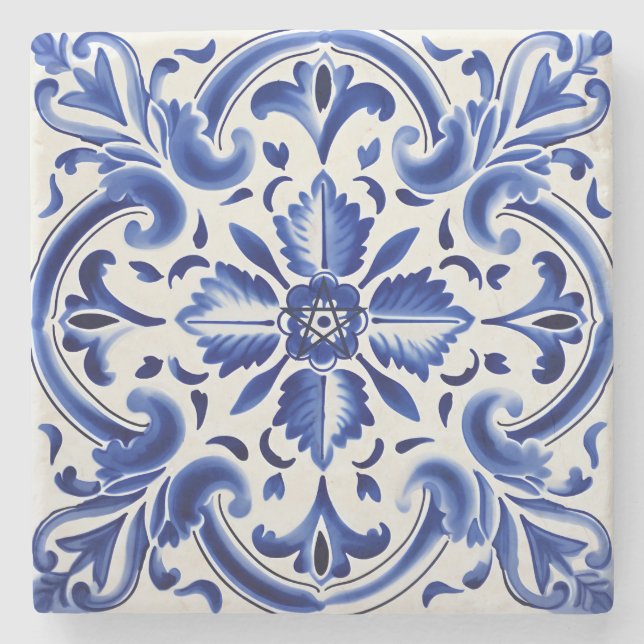 Skapa din egen målad blå Talavera blomma Stenunderlägg (Framsidan)