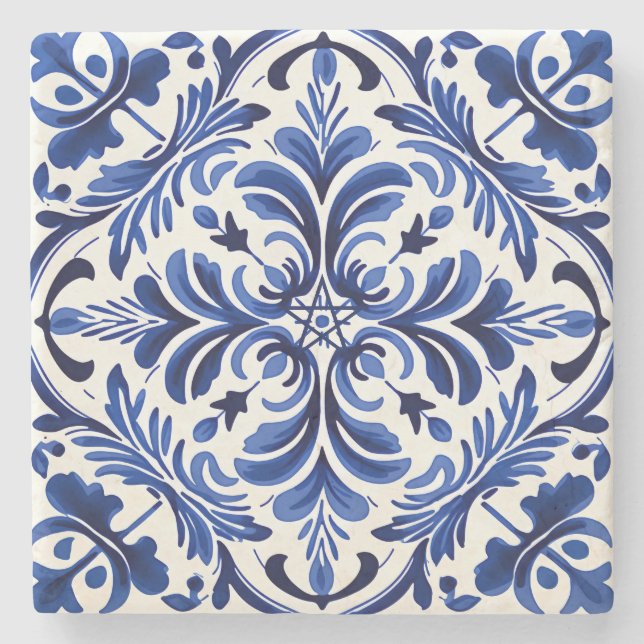 Skapa din egen Midnattblå Talavera Blomma Stenunderlägg (Framsidan)