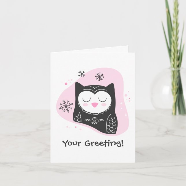 Skapa din egen Retro Snö Uggla Rosa jul Helgkort (Framsida)