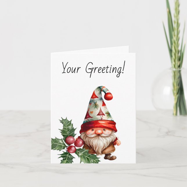 Skapa din egen röda Grönt Julgran Cap Gnome Helgkort (Framsida)