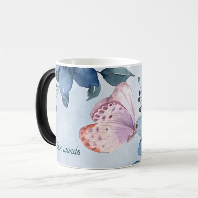 Skapa din egen Rosa Butterfly & Blåa blommor Magisk Mugg (Framsida vänster)