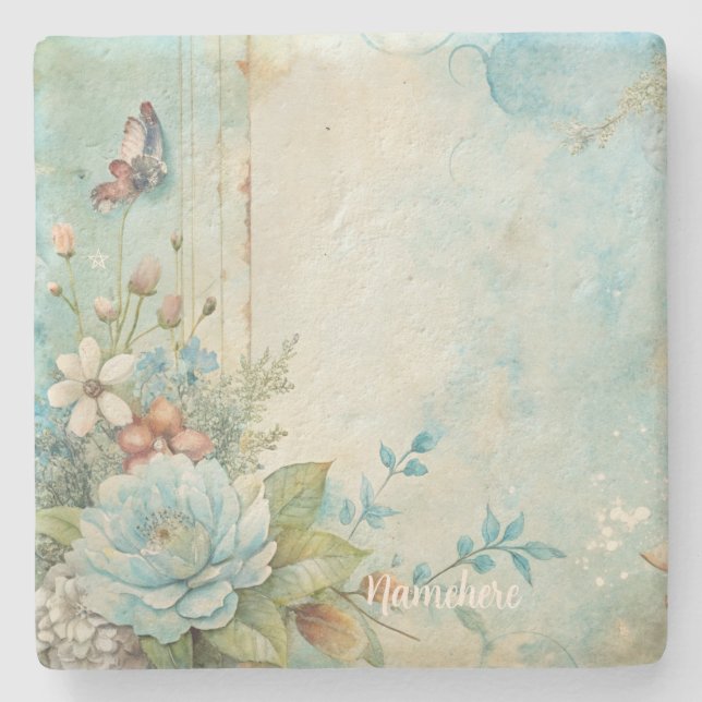 Skapa Din Egen Shabby Chic Romantisk Blå Peoni Stenunderlägg (Framsidan)
