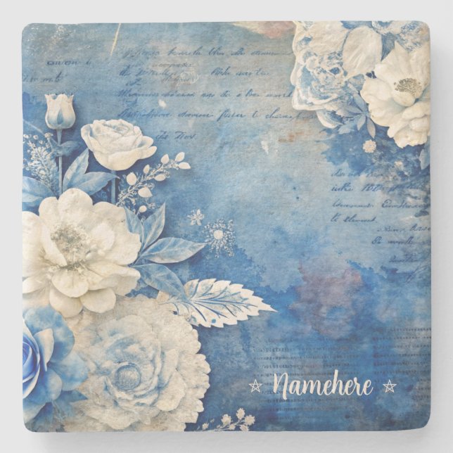 Skapa Din Egen Shabby Chic Vit Ros Blå Stenunderlägg (Framsidan)
