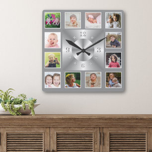 Skapa Din Egen Silver 12 Familjefoto Collage Fyrkantig Klocka