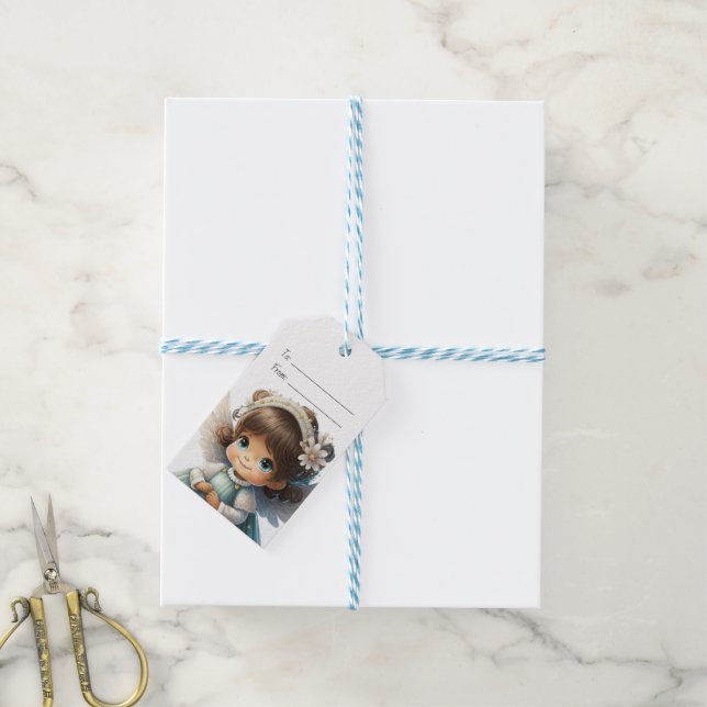 Skapa Din Egen Söt Brunett Flick Julängel Presentetikett (Med Snöre)