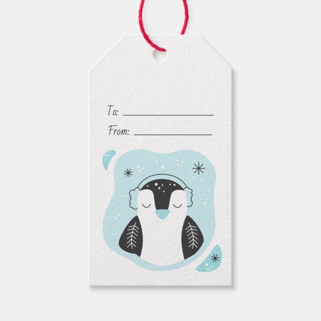 Skapa Din Egen Söt Pingvin Blå Jul Presentetikett (Framsidan)