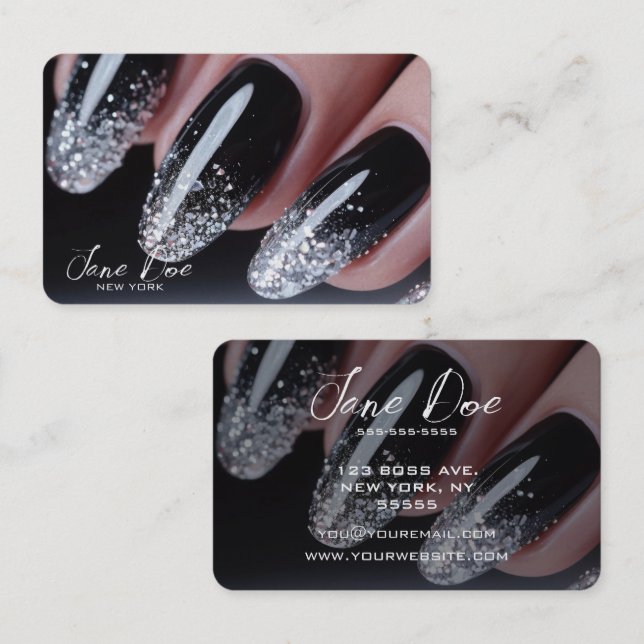 Skapa din egen Svarta Silver Glitter Nagel Visitkort (Fram/baksida)