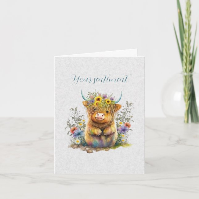 Skapa din egen vår Highland-tjur & vilda blommor Kort (Framsida)