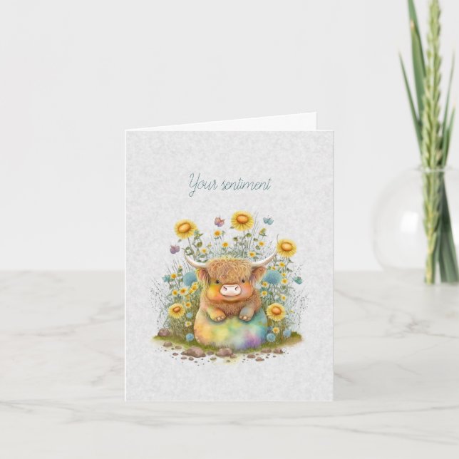 Skapa Din Egen Vår Highlandtjur & Vilda Blommor Kort (Framsida)