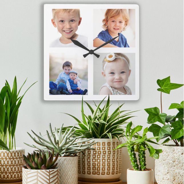 Skapa dina egna 4-familjers fotokollage-barn fyrkantig klocka (Custom 4-photo wall clock)