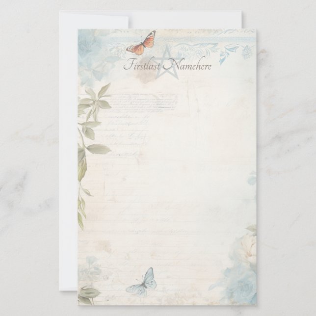 Skapa Dina Egna Blå Shabby Chic Fjärilsrosor Brevpapper (Framsida)