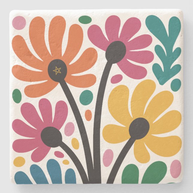 Skapa Dina Egna Färgglada Retro Whimsical Blommor Stenunderlägg (Framsidan)