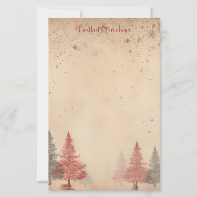 Skapa dina egna retro snöiga röda gråa träd brevpapper (Framsida)