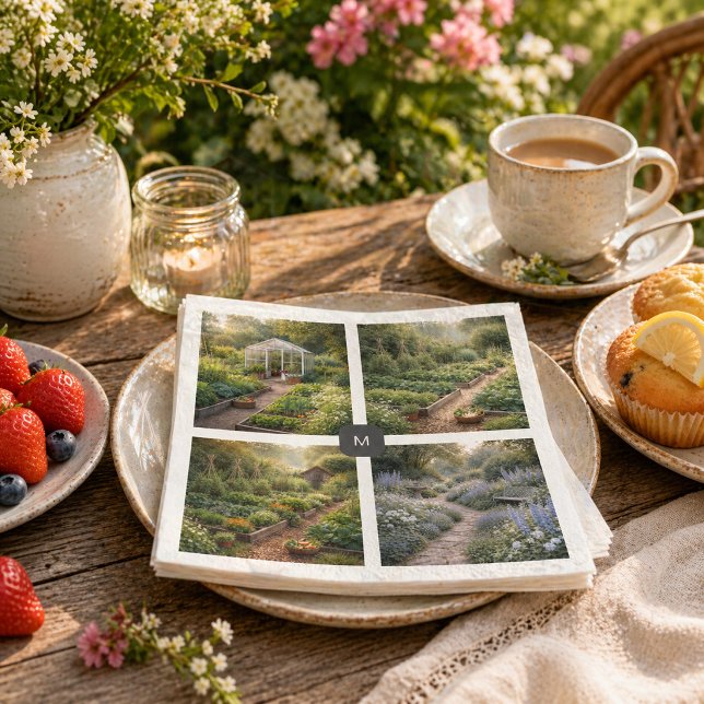 Skapa dina egna trädgårdsfoton med monogram pappersservett (Create your own garden photos monogrammed napkins. You can add your own photos and monogram.)