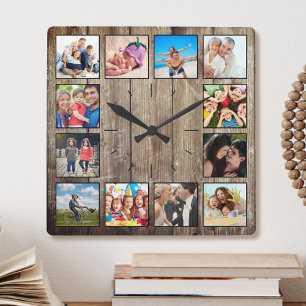 Skapa ditt Anpassningsbar Photo Collage Rustic Far Fyrkantig Klocka