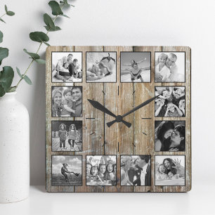 Skapa ditt Anpassningsbar Photo Collage Rustic Far Fyrkantig Klocka