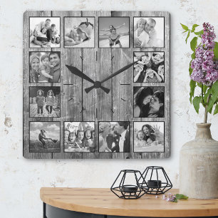 Skapa ditt Anpassningsbar Photo Collage Rustic Far Fyrkantig Klocka