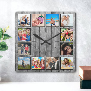 Skapa ditt Anpassningsbar Photo Collage Rustic Far Fyrkantig Klocka