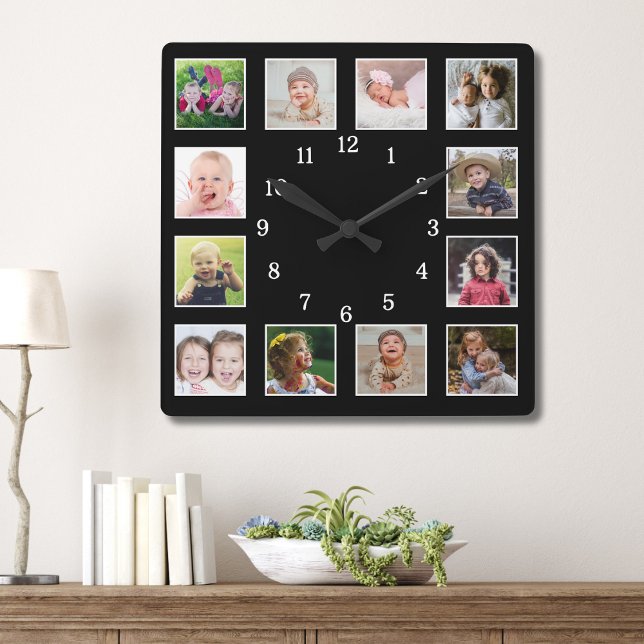 Skapa ditt eget 12-familjens barn Photo Collage Bl Fyrkantig Klocka (Skapare uppladdad)