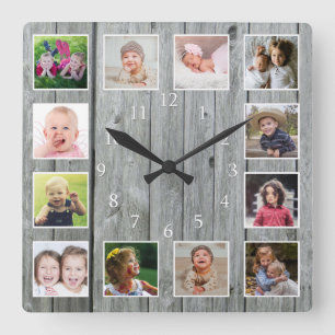 Skapa ditt eget 12 Photo Collage Rustic Grått Wood Fyrkantig Klocka