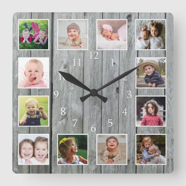 Skapa ditt eget 12 Photo Collage Rustic Grått Wood Fyrkantig Klocka (Framsida)
