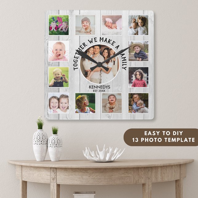 Skapa ditt eget 13 fotokollage Vit trä Fyrkantig Klocka (13 Photo collage family quote rustic wood clock)