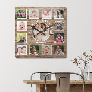 Skapa ditt eget 13 Photo Collage Rustic Barn Wood Fyrkantig Klocka