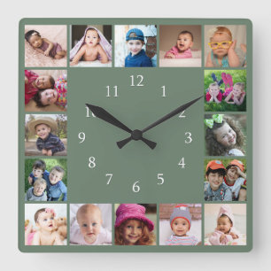 Skapa Ditt Eget 16 Familjefoto Collage Grönt Fyrkantig Klocka