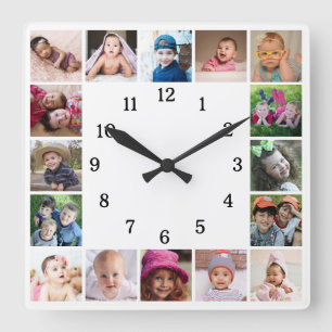 Skapa Ditt Eget 16 Familjefoto Collage Vitt Fyrkantig Klocka