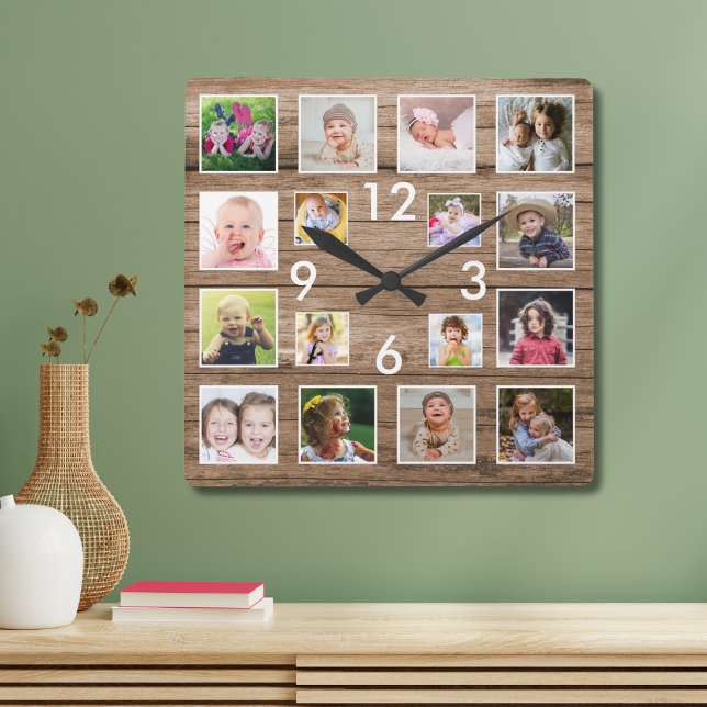 Skapa ditt eget 16-familjers fotokollage Wood Fyrkantig Klocka (Create Your Own 16 Family Photo Collage Wood Square Wall Clock
)