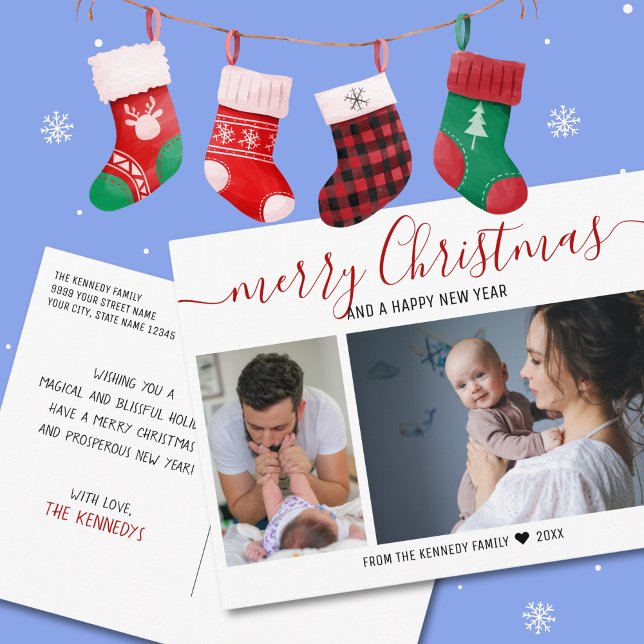 Skapa ditt eget 2-familjsfoto Red God jul Helg Vykort (Create Your Own 2 Family Photo Red Merry Christmas Holiday Postcard)