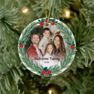 Skapa Ditt Eget Anpassade Foto Familjenamn År Julgransprydnad Keramik