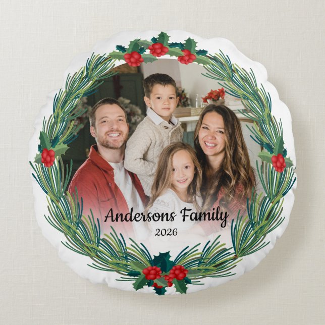 Skapa Ditt Eget Anpassade Foto Familjenamn År Rund Kudde (Framsidan)