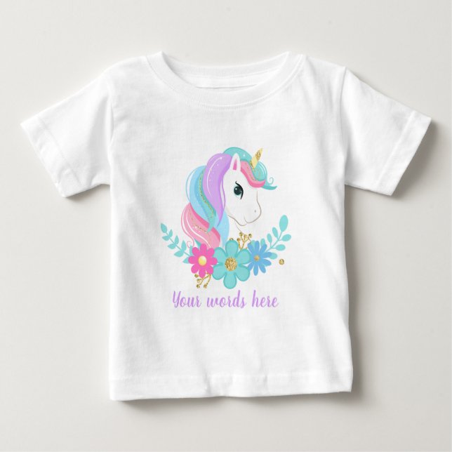 Skapa ditt eget Baby Unicorn Head & Flowers T Shirt (Framsida)