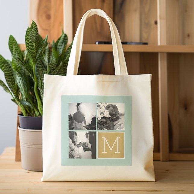 Skapa ditt eget Bröllop Photo Collage Monogram Jumbo Tygkasse (Personalized Tote Bag - Wedding Photo Collage)
