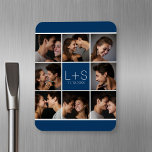 Skapa ditt eget Bröllop Photo Collage Monogram Magnet<br><div class="desc">Blå och vit bakgrund - Använda 8 fyrkantiga foton som skapar en unik och personlig jubileumsgåva. Lägg till initialer och datum för brudgummen och brudgummen. Om du behöver justera bilder eller monogram klickar du på anpassa verktyg för att göra ändringar.</div>