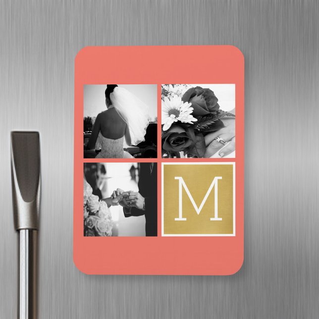 Skapa ditt eget Bröllop Photo Collage Monogram Magnet (Personalized fridge magnet with photos and text)