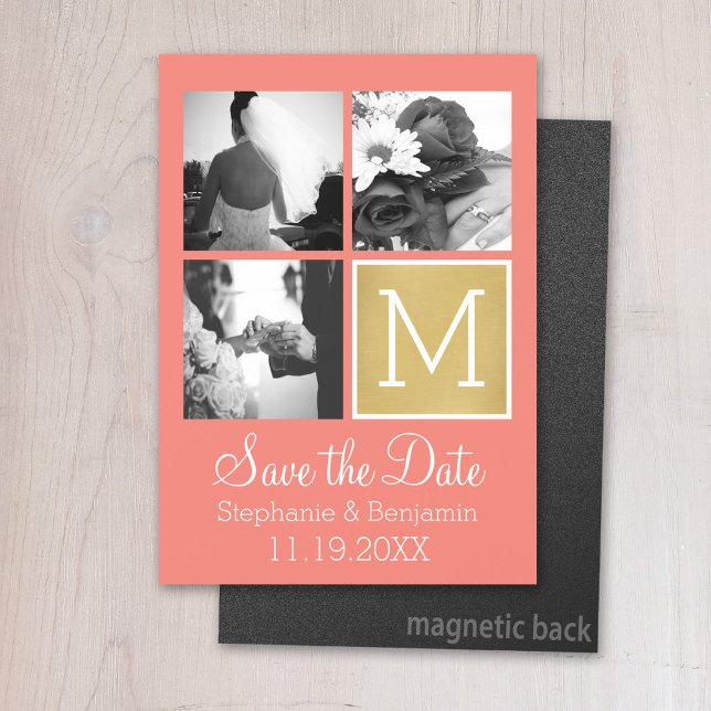 Skapa ditt eget Bröllop Photo Collage Monogram Magnetisk Inbjudningskort (Magnetic Invitation - Save the Date)