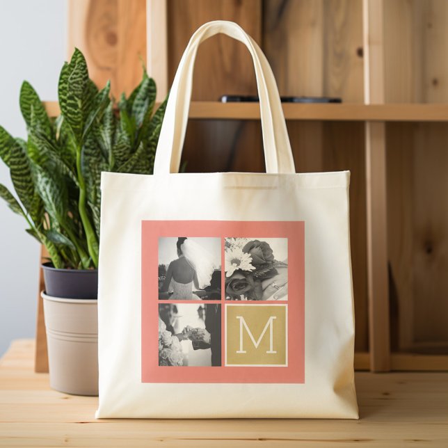 Skapa ditt eget Bröllop Photo Collage Monogram Tygkasse (Personalized Tote Bag - Wedding Photo Collage)