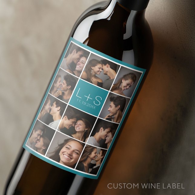 Skapa ditt eget Bröllop Photo Collage Monogram Vinflaska Etikett (Custom Wedding and Anniversary Wine Label)