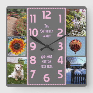 Skapa ditt eget Deco 6 Photo Collage Rosa Grått Fyrkantig Klocka