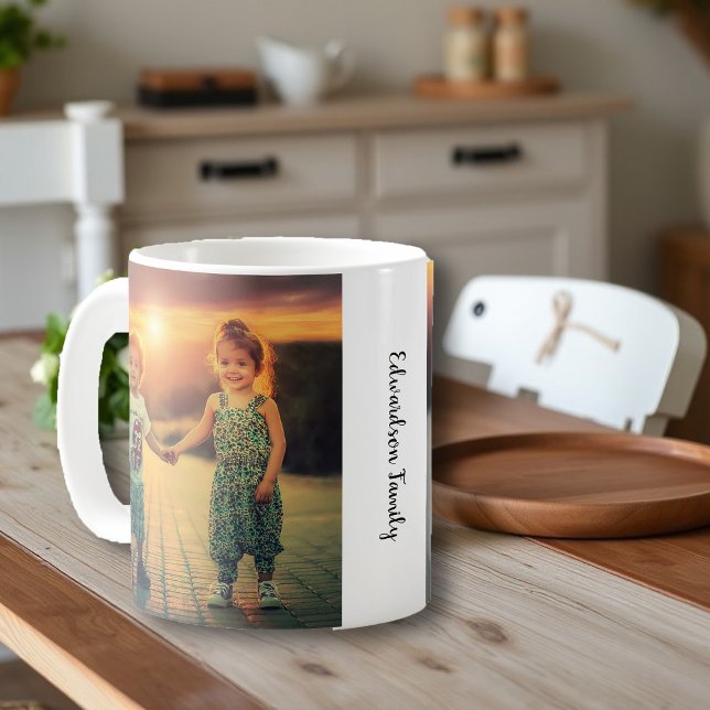 Skapa ditt eget familjefogram kaffemugg (Create your own family photo monogrammed coffee mug. You can add your own photos and name.)